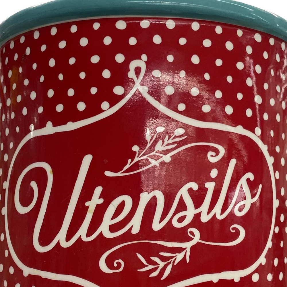 Pioneer Woman Canister Polka Dot Utensils Crock Red/Teal Utensil Stoneware